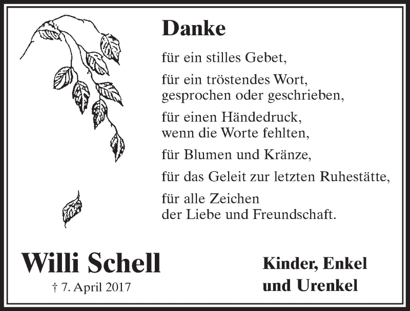  Traueranzeige für Willi Schell vom 10.05.2017 aus  Schlossbote/Werbekurier 