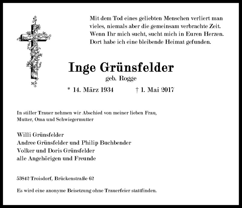  Traueranzeige für Inge Grünsfelder vom 13.05.2017 aus Kölner Stadt-Anzeiger / Kölnische Rundschau / Express