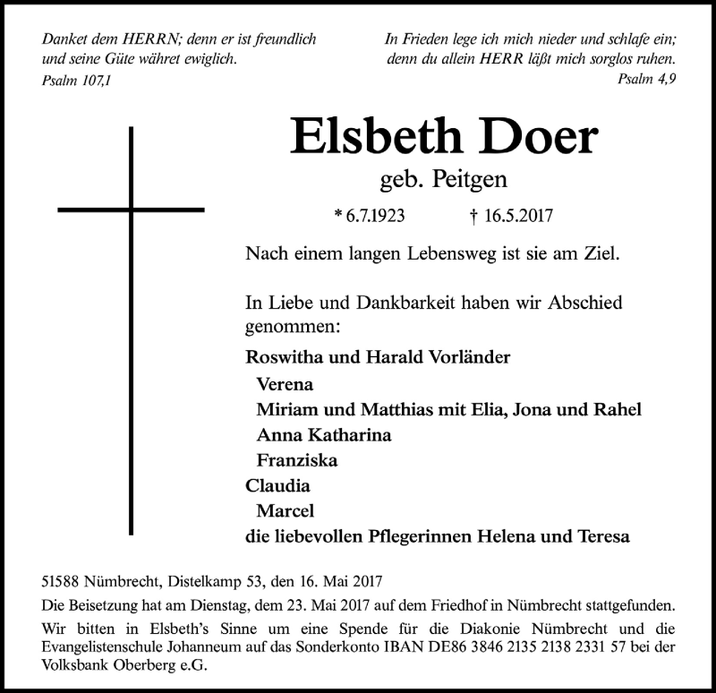  Traueranzeige für Elsbeth Doer vom 24.05.2017 aus  Lokalanzeiger 