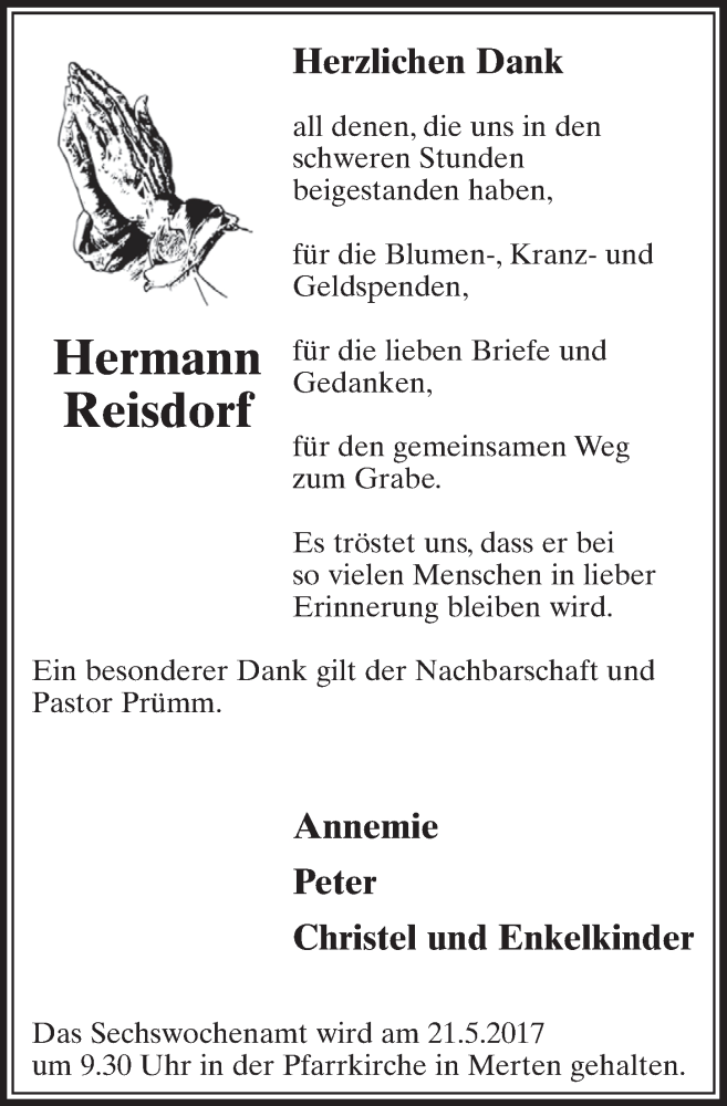  Traueranzeige für Hermann Reisdorf vom 17.05.2017 aus  Schlossbote/Werbekurier 