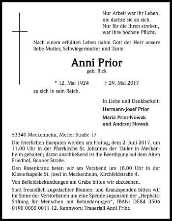 Anzeige von Anni Prior von Kölner Stadt-Anzeiger / Kölnische Rundschau / Express
