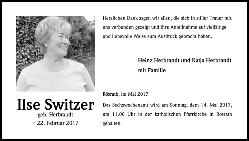  Traueranzeige für Ilse Switzer vom 06.05.2017 aus Kölner Stadt-Anzeiger / Kölnische Rundschau / Express