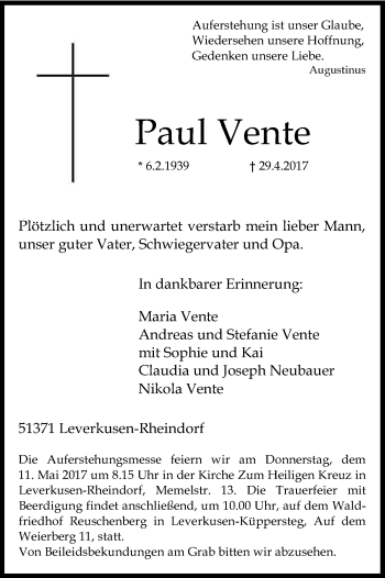 Anzeige von Paul Vente von Kölner Stadt-Anzeiger / Kölnische Rundschau / Express