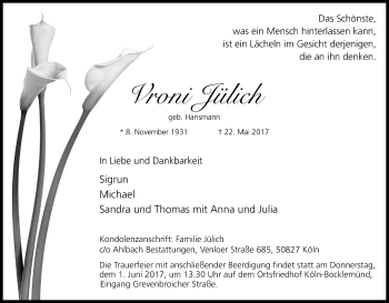 Anzeige von Vroni Jülich von Kölner Stadt-Anzeiger / Kölnische Rundschau / Express