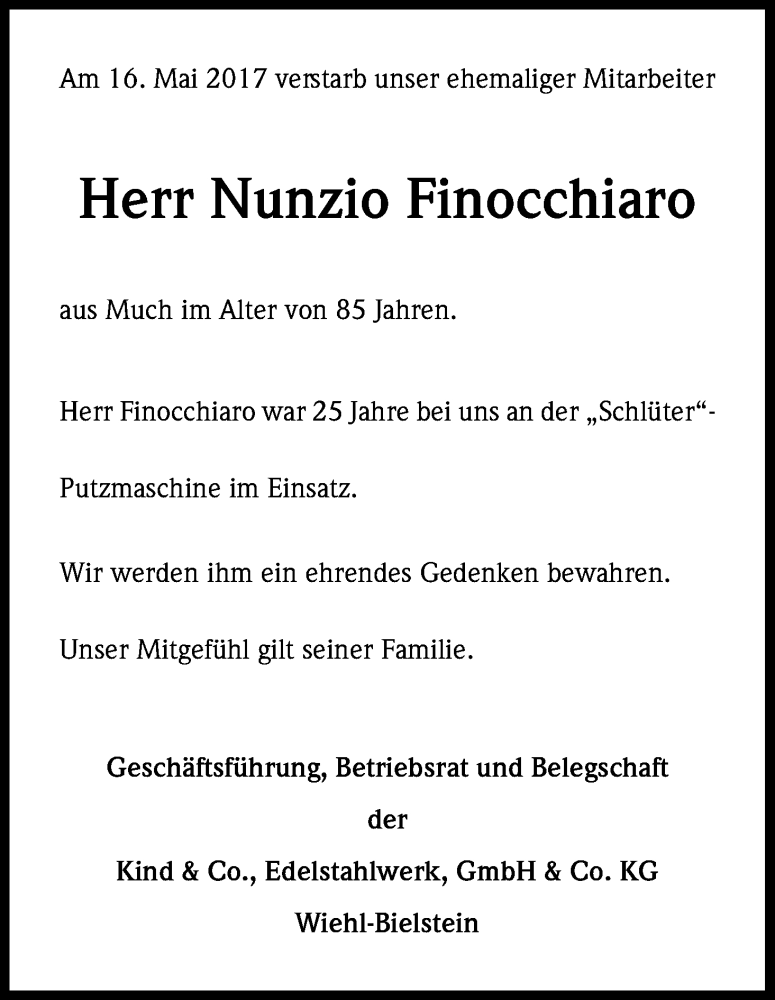  Traueranzeige für Nunzio Finocchiaro vom 27.05.2017 aus Kölner Stadt-Anzeiger / Kölnische Rundschau / Express