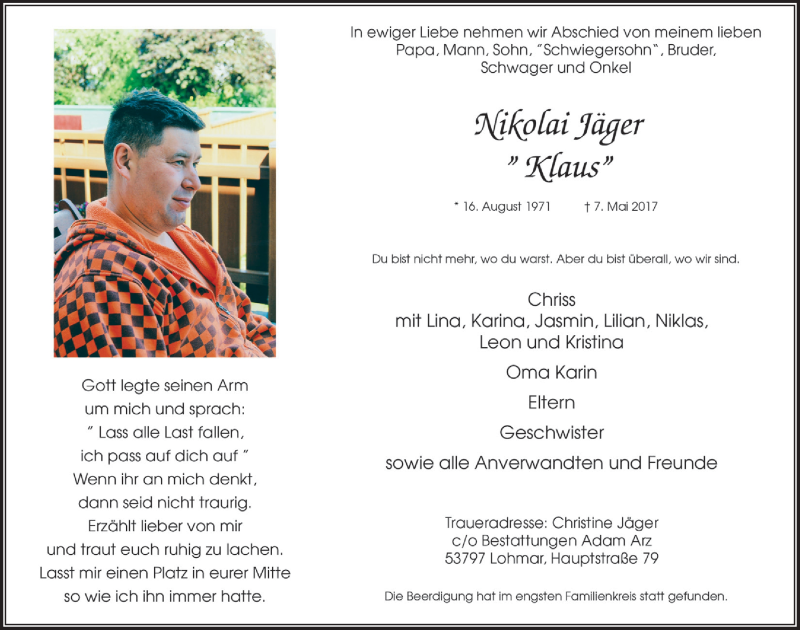  Traueranzeige für Nikolai Jäger vom 13.05.2017 aus  Rhein-Sieg-Wochenende 
