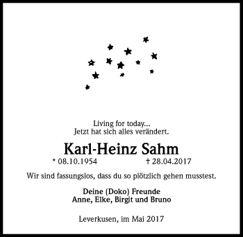 Anzeige von Karl-Heinz Sahm von Kölner Stadt-Anzeiger / Kölnische Rundschau / Express