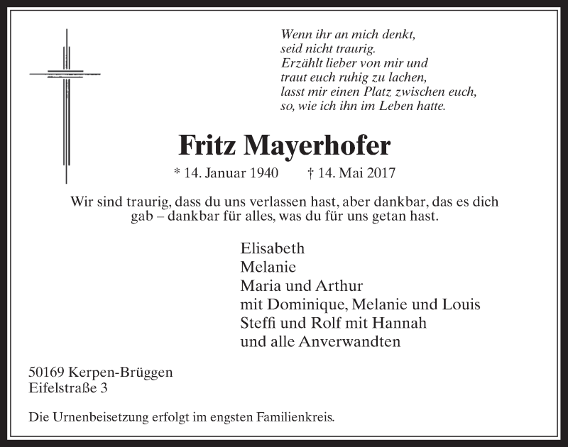 Traueranzeige für Fritz Mayerhofer vom 24.05.2017 aus  Werbepost 
