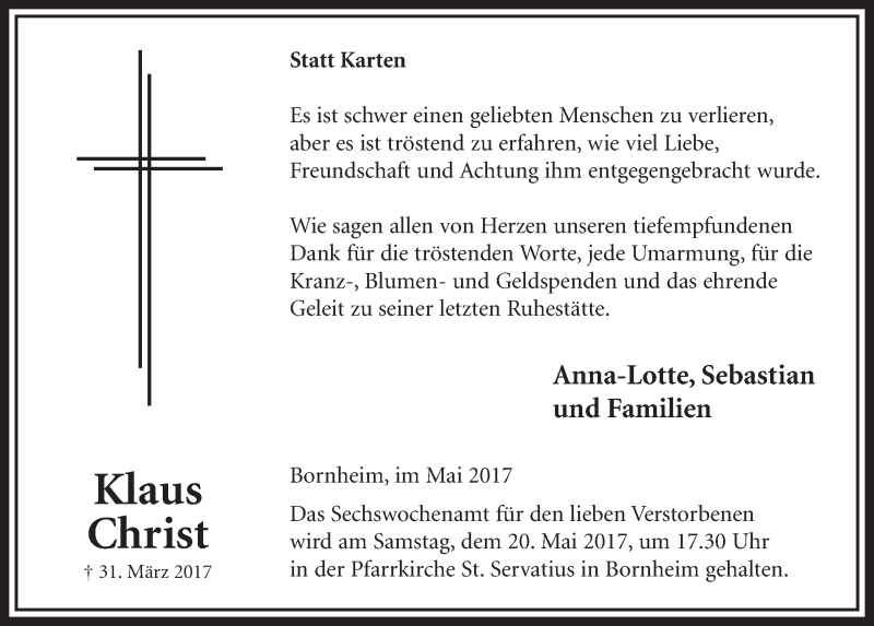  Traueranzeige für Klaus Christ vom 10.05.2017 aus  Schaufenster/Blickpunkt  Schlossbote/Werbekurier 