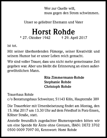 Anzeige von Horst Rohde von Kölner Stadt-Anzeiger / Kölnische Rundschau / Express