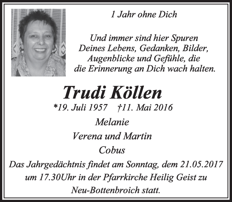  Traueranzeige für Trudi Köllen vom 13.05.2017 aus  Sonntags-Post 