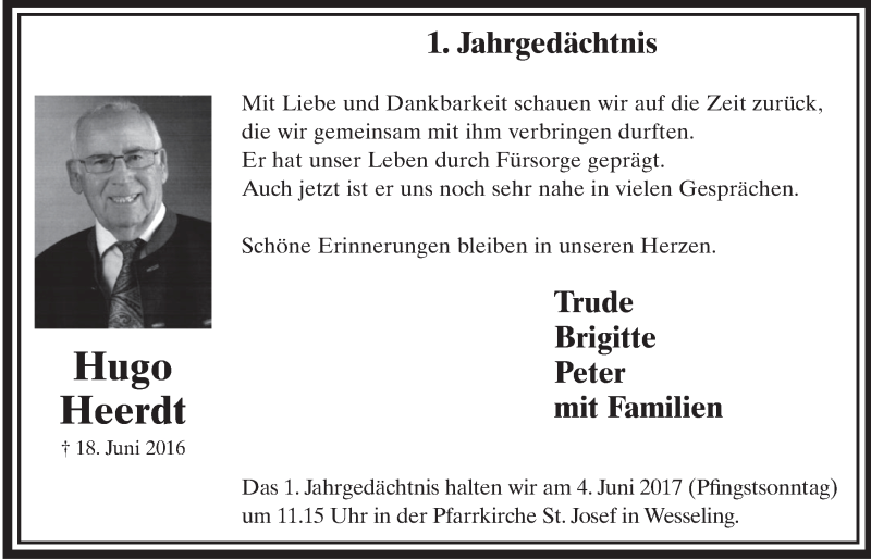  Traueranzeige für Hugo Heerdt vom 24.05.2017 aus  Schlossbote/Werbekurier 