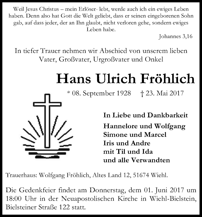 Traueranzeige für Hans Ulrich Fröhlich vom 27.05.2017 aus Kölner Stadt-Anzeiger / Kölnische Rundschau / Express