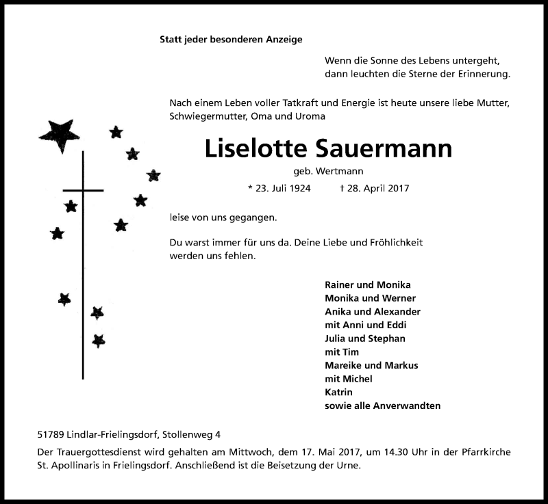  Traueranzeige für Liselotte Sauermann vom 08.05.2017 aus Kölner Stadt-Anzeiger / Kölnische Rundschau / Express