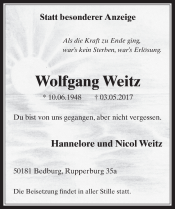 Anzeige von Wolfgang Weitz von  Werbepost 