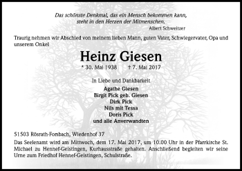 Anzeige von Heinz Giesen von Kölner Stadt-Anzeiger / Kölnische Rundschau / Express