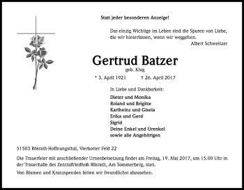 Anzeige von Gertrud Batzer von Kölner Stadt-Anzeiger / Kölnische Rundschau / Express