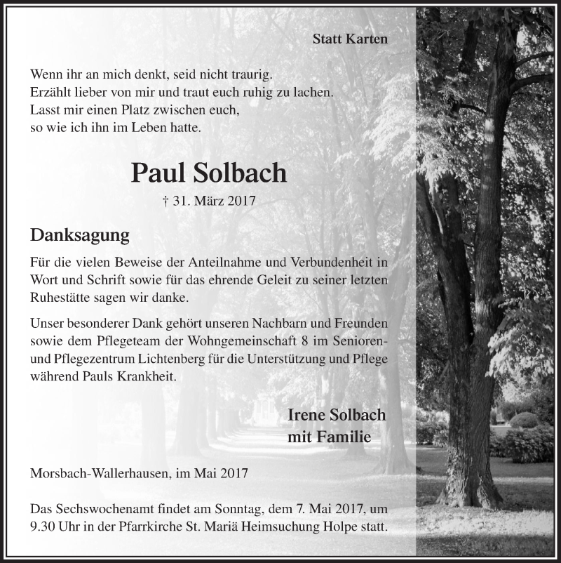  Traueranzeige für Paul Solbach vom 03.05.2017 aus  Lokalanzeiger 