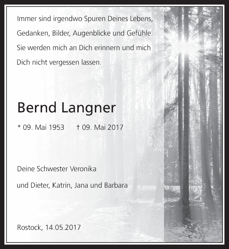  Traueranzeige für Bernd Langner vom 17.05.2017 aus  Wochenende 