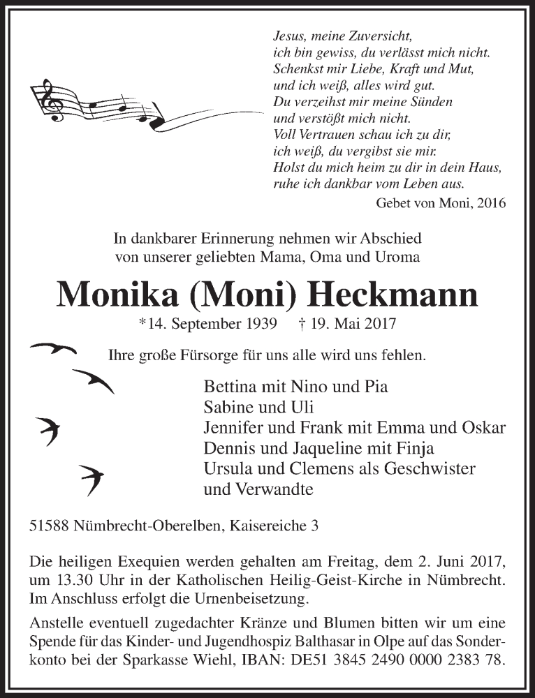  Traueranzeige für Monika Heckmann vom 24.05.2017 aus  Lokalanzeiger 