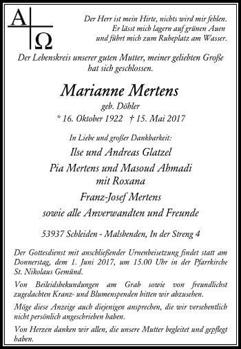 Anzeige von Marianne Mertens von Kölner Stadt-Anzeiger / Kölnische Rundschau / Express