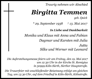 Anzeige von Birgitta Temmen von Kölner Stadt-Anzeiger / Kölnische Rundschau / Express