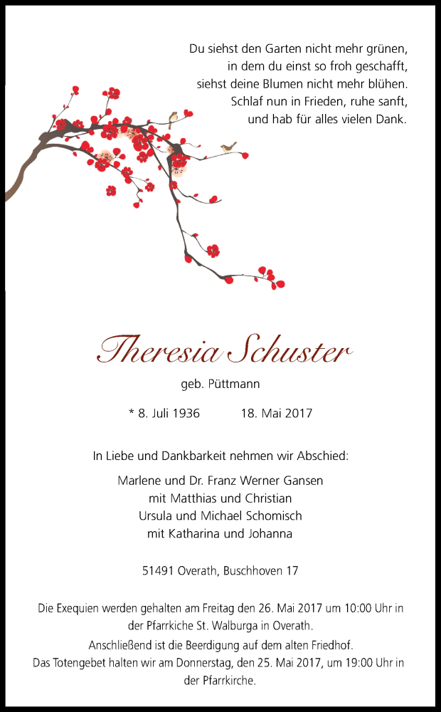  Traueranzeige für Theresia Schuster vom 20.05.2017 aus Kölner Stadt-Anzeiger / Kölnische Rundschau / Express