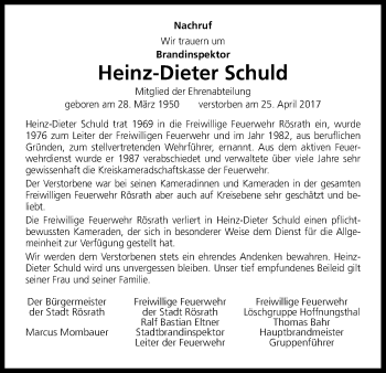 Anzeige von Heinz-Dieter Schuld von Kölner Stadt-Anzeiger / Kölnische Rundschau / Express