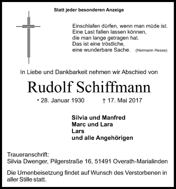 Anzeige von Rudolf Schiffmann von Kölner Stadt-Anzeiger / Kölnische Rundschau / Express