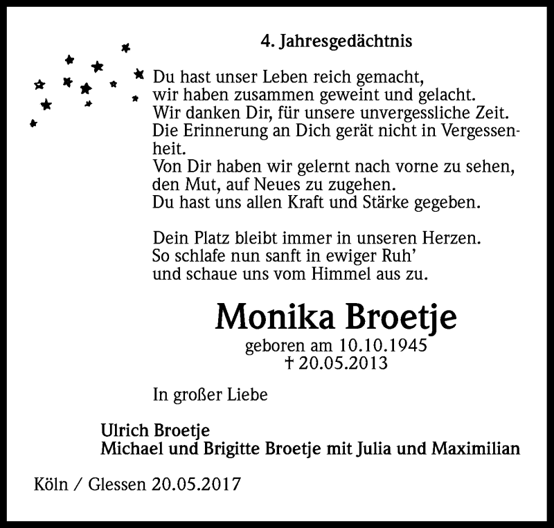  Traueranzeige für Monika Broetje vom 20.05.2017 aus Kölner Stadt-Anzeiger / Kölnische Rundschau / Express