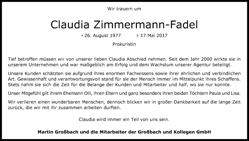  Traueranzeige für Claudia Zimmermann-Fadel vom 24.05.2017 aus Kölner Stadt-Anzeiger / Kölnische Rundschau / Express
