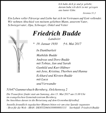 Anzeige von Friedrich Budde von Kölner Stadt-Anzeiger / Kölnische Rundschau / Express