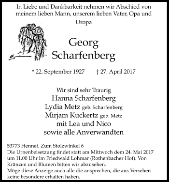 Anzeige von Georg Scharfenberg von Kölner Stadt-Anzeiger / Kölnische Rundschau / Express