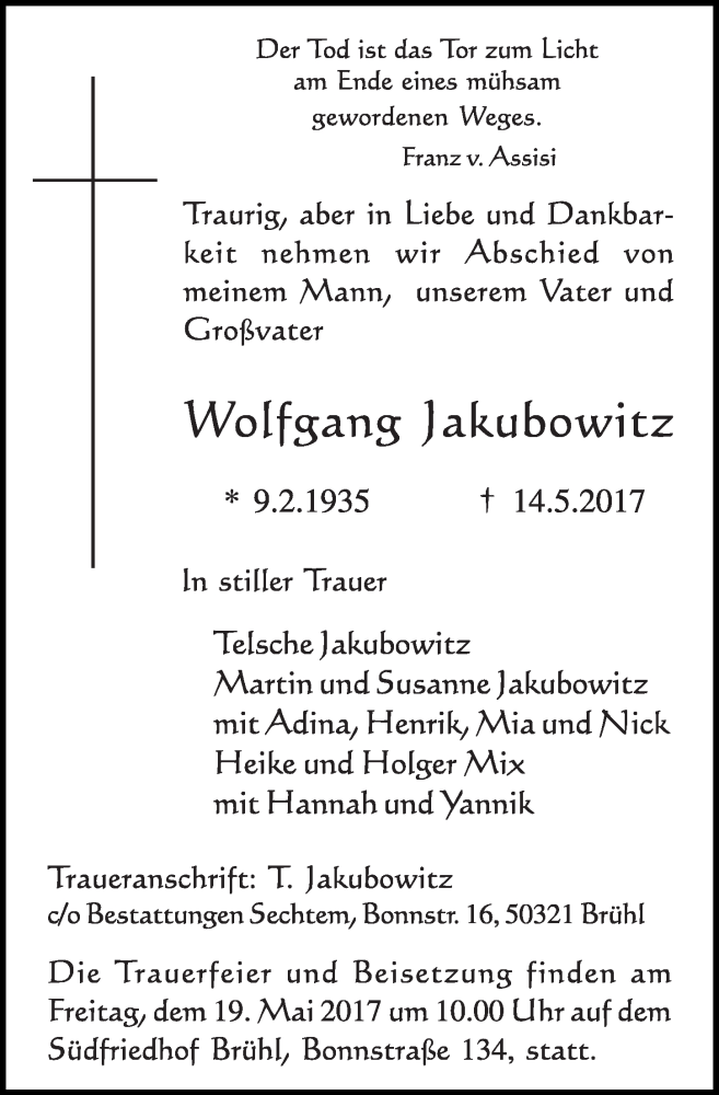  Traueranzeige für Wolfgang Jakubowitz vom 17.05.2017 aus  Schlossbote/Werbekurier 