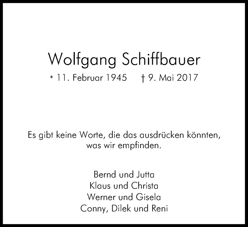  Traueranzeige für Wolfgang Schiffbauer vom 20.05.2017 aus Kölner Stadt-Anzeiger / Kölnische Rundschau / Express