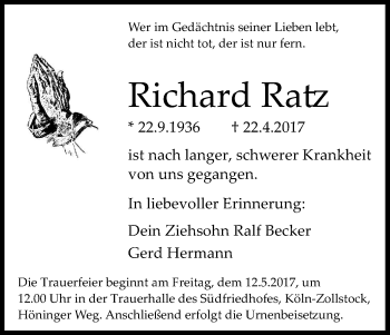 Anzeige von Richard Ratz von Kölner Stadt-Anzeiger / Kölnische Rundschau / Express