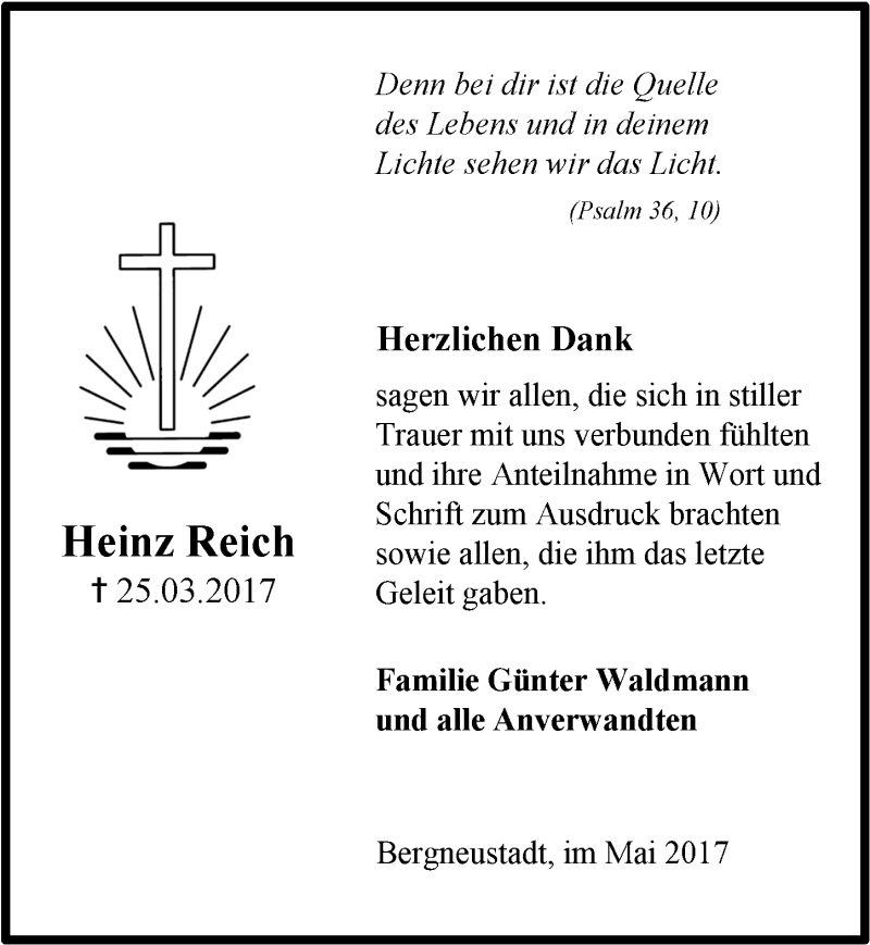  Traueranzeige für Heinz Reich vom 03.05.2017 aus  Anzeigen Echo 