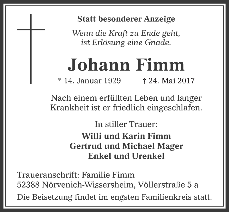  Traueranzeige für Johann Fimm vom 31.05.2017 aus  Werbepost 