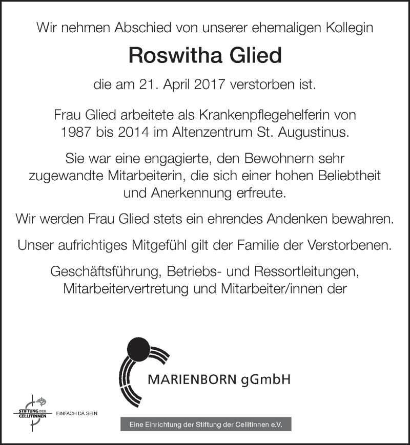  Traueranzeige für Roswitha Glied vom 06.05.2017 aus  Sonntags-Post 