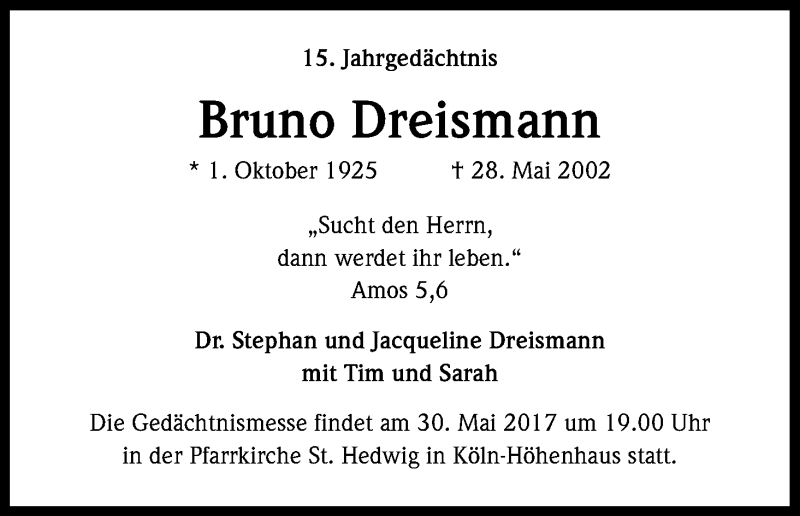  Traueranzeige für Bruno Dreismann vom 27.05.2017 aus Kölner Stadt-Anzeiger / Kölnische Rundschau / Express