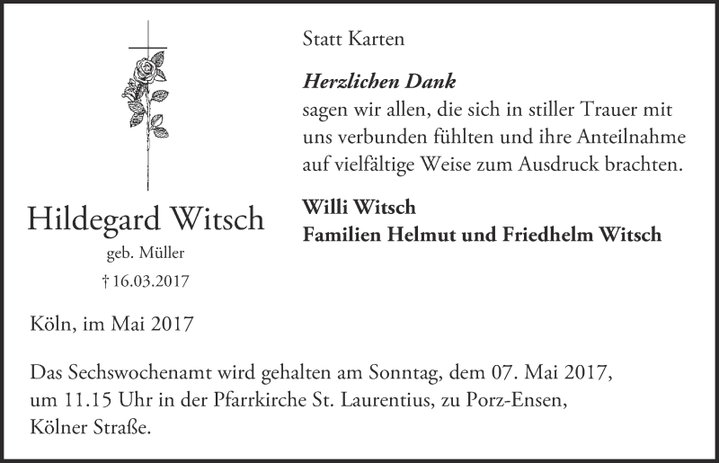  Traueranzeige für Hildegard Witsch vom 03.05.2017 aus  Kölner Wochenspiegel 