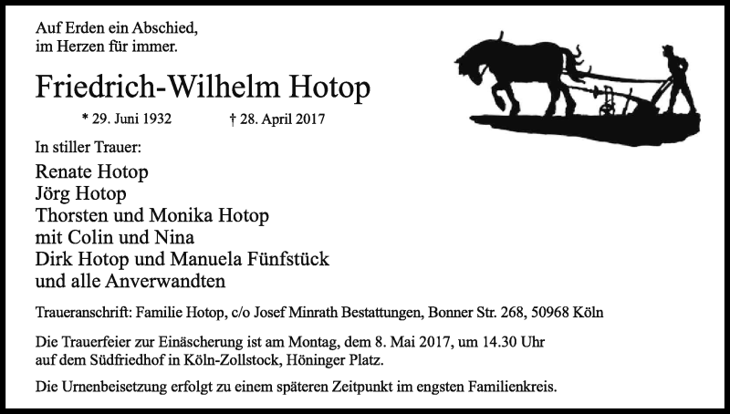  Traueranzeige für Friedrich-Wilhelm Hotop vom 05.05.2017 aus Kölner Stadt-Anzeiger / Kölnische Rundschau / Express