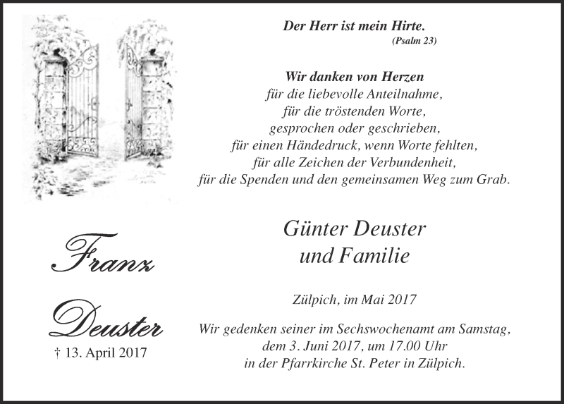  Traueranzeige für Franz Deuster vom 27.05.2017 aus  Blickpunkt Euskirchen 