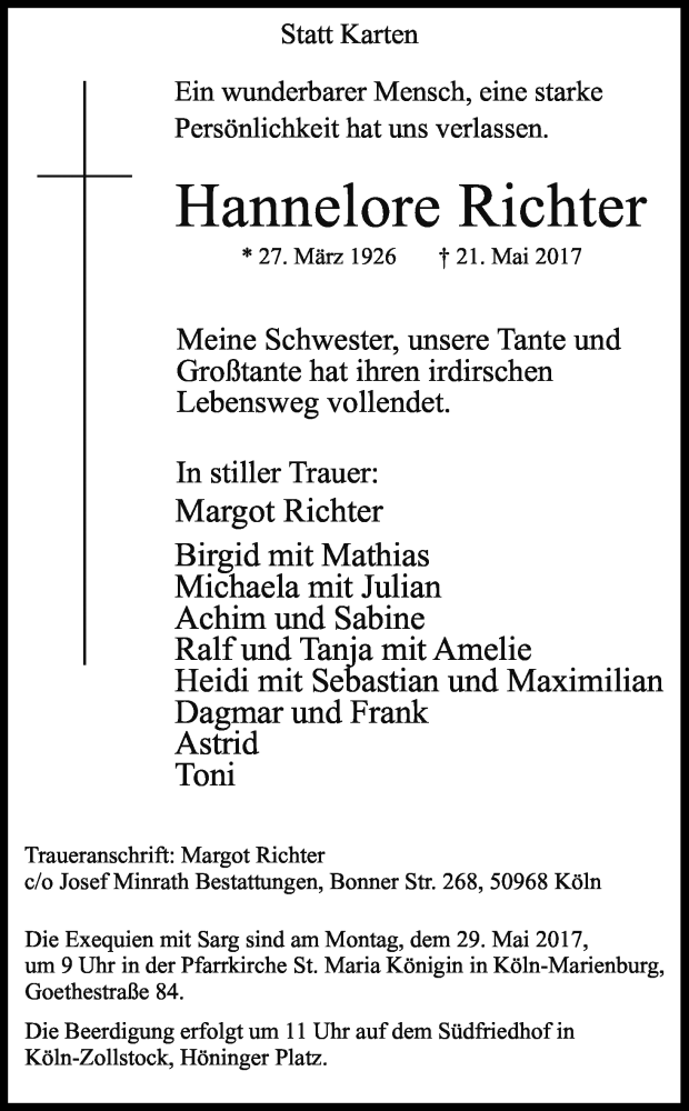  Traueranzeige für Hannelore Richter vom 24.05.2017 aus Kölner Stadt-Anzeiger / Kölnische Rundschau / Express