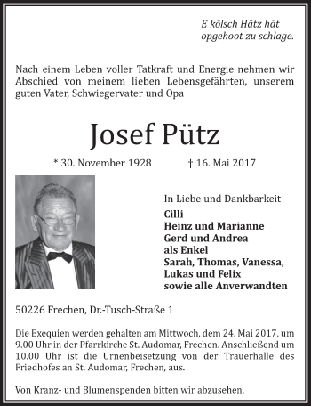 Anzeige von Josef Pütz von  Sonntags-Post 