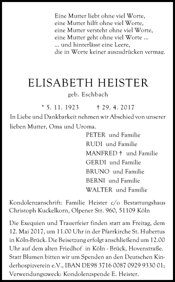 Anzeige von Elisabeth Heister von Kölner Stadt-Anzeiger / Kölnische Rundschau / Express