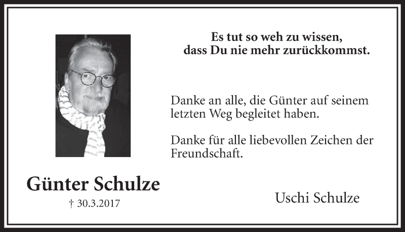  Traueranzeige für Günter Schulze vom 31.05.2017 aus  Schlossbote/Werbekurier 