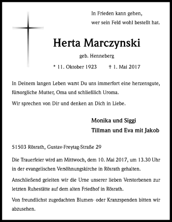 Anzeige von Herta Marczynski von Kölner Stadt-Anzeiger / Kölnische Rundschau / Express