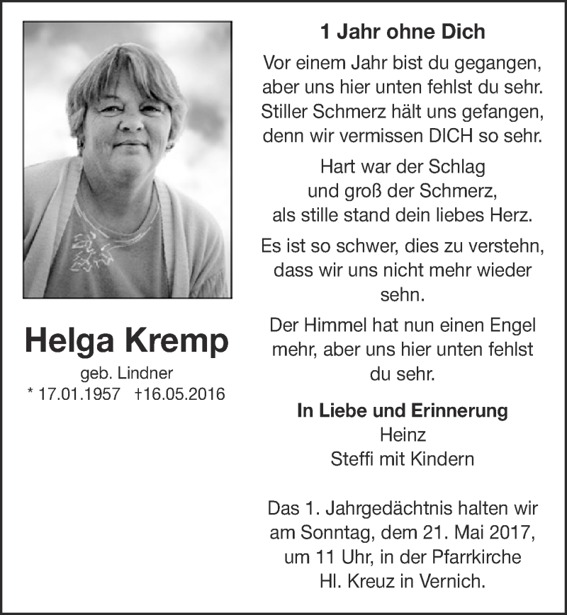 Traueranzeige für Helga Kremp vom 13.05.2017 aus  Blickpunkt Euskirchen 