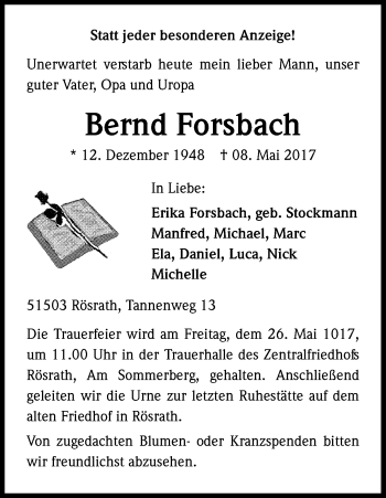 Anzeige von Bernd Forsbach von Kölner Stadt-Anzeiger / Kölnische Rundschau / Express
